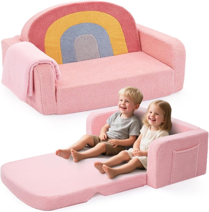 Foryoomi Extra Wide Kids Couch, 2-in-1 Soft Toddler Couch with Blanket, Comfy Toddler Chair, Convertible Sofa with Cute Colorful Rainbow Design, Pink - Image 1